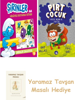 Everest Yayınları Şirinler ile Hikayeli Boyama Kitabı - Şirinler Salatası + Pırt Çocuk 2  - Hazır, Nişan Al Fırlat + Yaramaz Tavşan Masalı