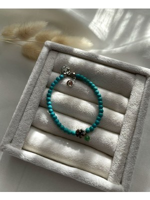 Pel Design Turkuaz Taşlı Aventurin Taşlı Yonca Detaylı Bileklik El Takımı