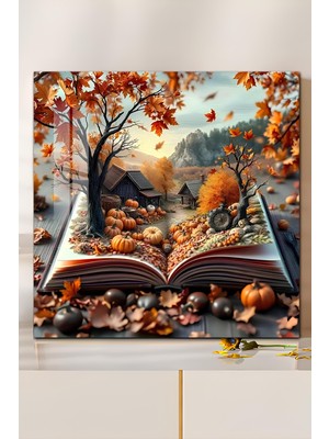 KutuTR 3D Görünümlü Temperli Cam Tablo – Sonbahar Kitap ve Doğal Köy Manzarası Uv Baskı 33X33 CM-CTK113