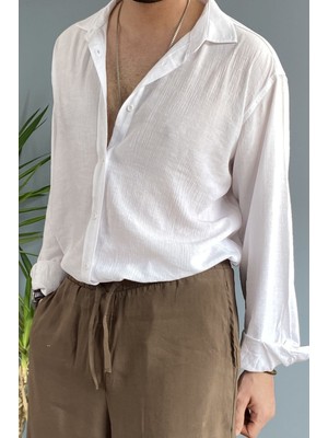 Alışveriş Sokağı %100 Pamuk Dokulu Keten Oversize Uzun Kol Beyaz Gömlek