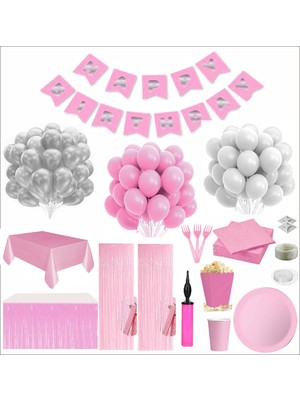 Zenviva Pembe Beyaz 16 Kişilik Full Doğum Günü Seti