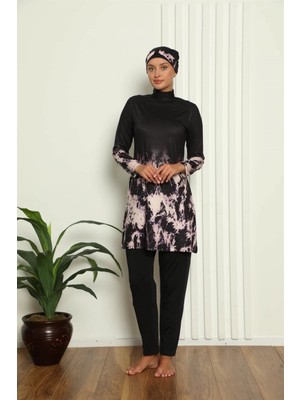 Giyim Tam Tesettür Dijital Desenli Mayo Siyah