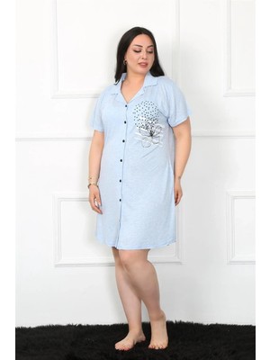 Giyim Büyük Beden Penye Düğmeli Mavi Tunik Gecelik