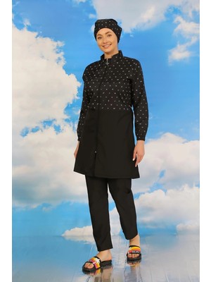 Giyim Kadın Pantolonlu Desenli Tam Tesettür Mayo Siyah