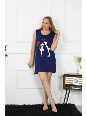 Giyim Kadın Büyük Beden Kalın Askılı Penye Diz Üstü Lacivert Gecelik