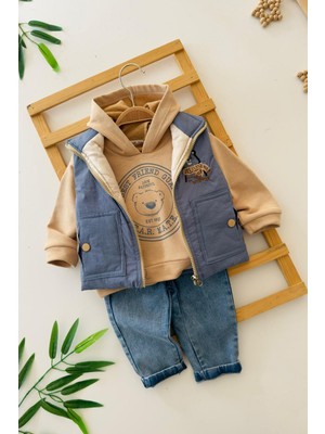 Miniğimin Cicileri Best Friend Ayıcık Desenli Şişme Yelekli 3 Lü Erkek  çocuk takım - Mavi