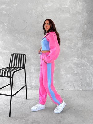 Boom Bester Kadın Üç Iplik %100 Pamuk Oversize Eşofman Takımı - Şardonlu Korse ve Şerit Detaylı Rahat Kesim