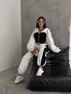 Boom Bester Kadın Üç Iplik %100 Pamuk Oversize Eşofman Takımı - Şardonlu Korse ve Şerit Detaylı Rahat Kesim