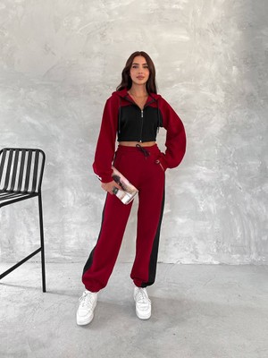 Boom Bester Kadın Üç Iplik %100 Pamuk Oversize Eşofman Takımı - Şardonlu Korse ve Şerit Detaylı Rahat Kesim