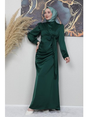 Giza Store Saten Yan Kuşaklı Elbise Zümrüt