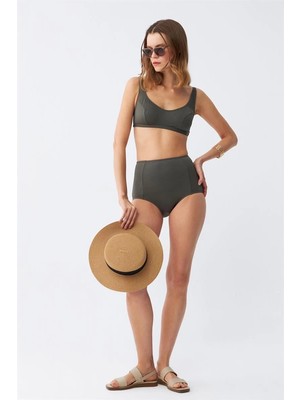 Giyim Kadın Basic Haki Pedli Yüksek Bel Bikini Takımı