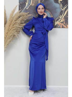 Giza Store Saten Yan Kuşaklı Elbise Gece Mavi