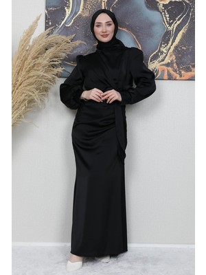 Giza Store Saten Yan Kuşaklı Elbise Siyah