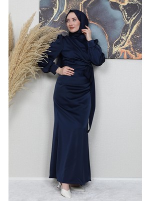 Giza Store Saten Yan Kuşaklı Elbise Lacivert