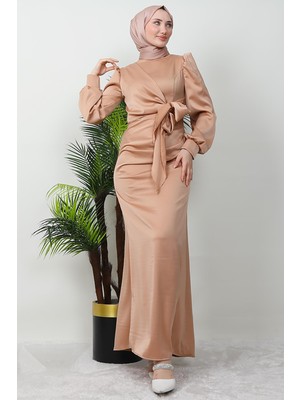 Giza Store Saten Yan Kuşaklı Elbise Sütlükahve