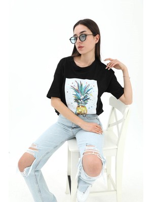 Isawella Bisiklet Yaka Ananas Baskılı Süprem T-Shirt - Siyah