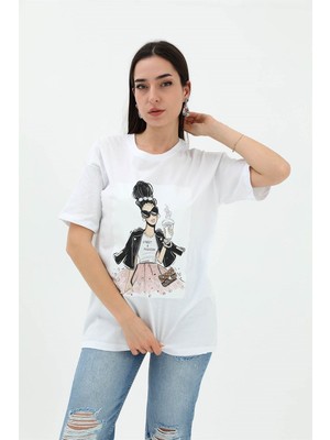 Isawella Bisiklet Yaka Taş Detaylı Süprem T-Shirt - Beyaz