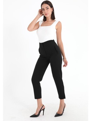 Isawella Yüksek Bel Pensli Atlas Kumaş Pantolon - Siyah