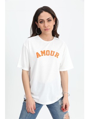 Isawella T-Shirt Bisiklet Yaka Amour Baskılı - Turuncu