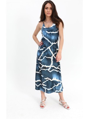 Isawella Elbise Ayarlanabilir Askılı Desen Saten - Mavi