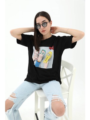 Isawella Bisiklet Yaka Terlik Baskılı T-Shirt - Siyah
