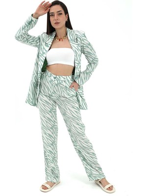 Isawella Zebra Desen Yüksek Bel Keten Pantolon - Mint Yeşili