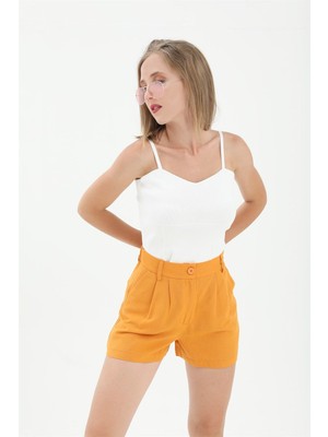 Isawella Yüksek Bel Önü Pileli Arka Beli Lastikli Keten Şort - Turuncu