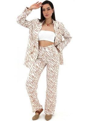 Isawella Zebra Desen Yüksek Bel Keten Pantolon - Bej