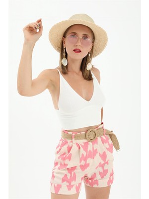 Isawella Hasır Kemer Baskılı Keten Şort - Pembe