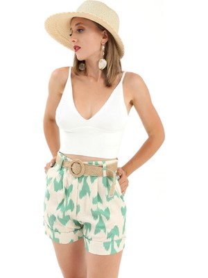 Isawella Hasır Kemer Baskılı Keten Şort - Yeşil