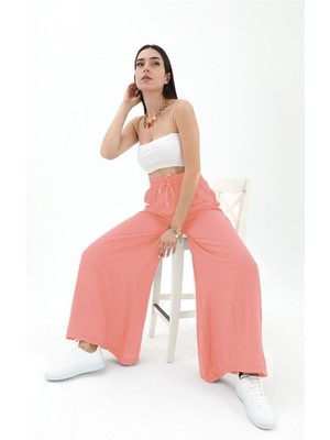 Isawella Geniş Kemerli Bol Paça Düz Keten Kadın Pantolon - Mercan