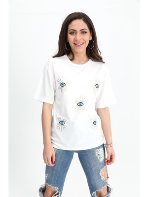 Isawella T-Shirt Bisiklet Yaka Göz Baskılı - Ekru