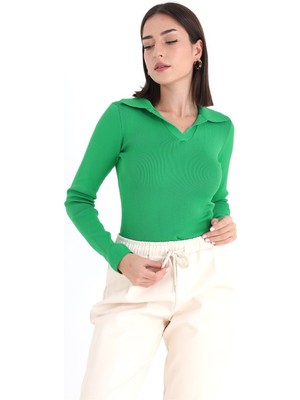 Isawella Uzun Kol Polo Yaka Triko - Yeşil