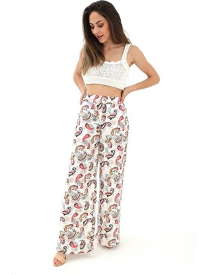 Isawella Bol Paça Renkli Baskı Keten Pantolon - Mint Yeşili