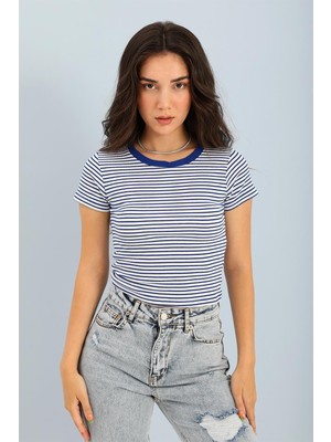 Isawella Bluz Bisiklet Yaka Çizgili Kaşkorse - Lacivert