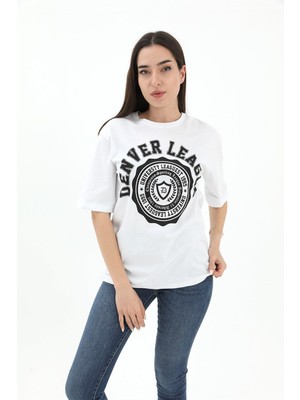 Isawella Bisiklet Yaka Denver Leagune Baskılı T-Shirt - Beyaz
