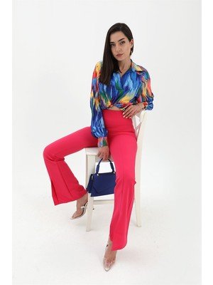 Isawella Yırtmaçlı Ispanyol Paça Atlas Pantolon - Fuşya