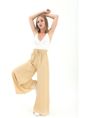 Isawella Geniş Kemerli Bol Paça Düz Keten Kadın Pantolon - Krem