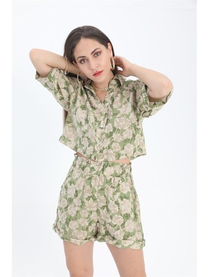 Isawella Şort Baskılı Duble Katlamalı Lastikli - Yeşil