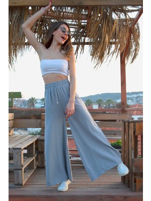 Isawella Geniş Kemerli Bol Paça Düz Keten Kadın Pantolon - Gri
