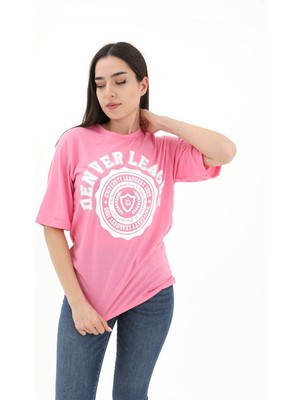 Isawella Bisiklet Yaka Denver Leagune Baskılı T-Shirt - Pembe