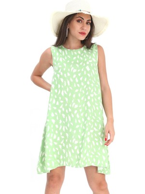 Isawella Elbise Sıfır Kol Desenli Keten - Yeşil
