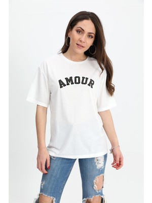 Isawella T-Shirt Bisiklet Yaka Amour Baskılı - Siyah