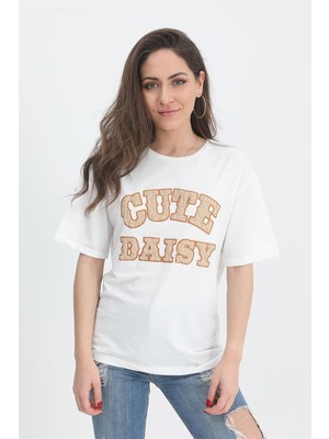 Isawella T-Shirt Kabartma Baskı Bisiklet Yaka - Bej