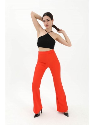 Isawella Yüksek Bel Gizli Fermuarlı Ispanyol Paça Atlas Kumaş Pantolon - Turuncu