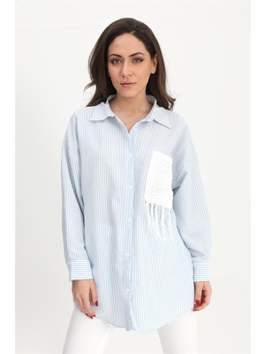 Isawella Gömlek Cebi Nakış Püsküllü Gofre - Mavi