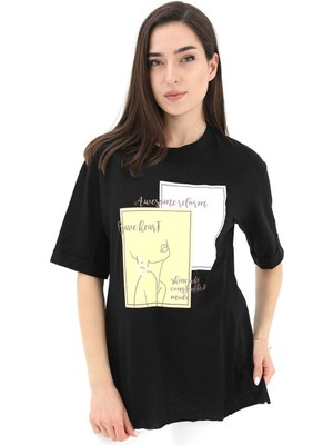 Isawella Bisiklet Yaka Yüz Basklı T-Shirt - Siyah