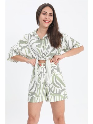 Isawella Şort Yüksek Bel Baskılı Keten - Yeşil