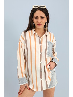 Isawella Gömlek Keten Garnili Çizgili Kot - Turuncu