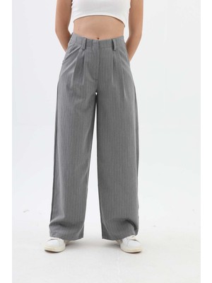 Isawella Pile Detaylı Çizgili Poliviskon Pantolon - Gri